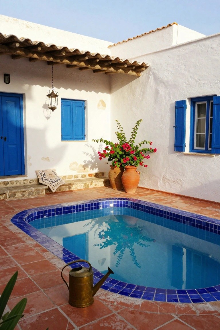 Small rectangular pool with blue mosaic tiles in a terracotta-tiled outdoor patio next to white stucco walls with blue doors and shutters, large terracotta pots with bougainvillea plants, a bench with cushion, hanging lantern, and brass watering can nearby.
