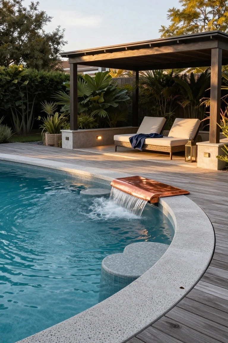 Curved turquoise pool with copper waterfall spillway on edge, wooden deck, nearby lounge chairs under pergola, tropical plants, and stone features.