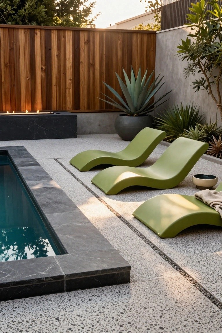 Lime green curved chaise lounges arranged in a row along the edge of a rectangular pool with dark coping, next to a linear black fire pit, potted agave plants, and wood fencing in a backyard setting.