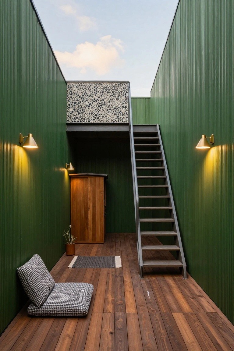 A narrow wooden deck enclosed by tall green corrugated metal walls, featuring a gray floor cushion, small rug, potted plant, wooden cabinet door, metal stairs leading to an upper balcony with pebble cladding, and wall-mounted lights.
