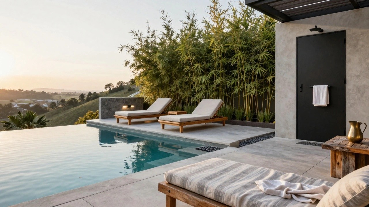 Modern infinity-edge pool with turquoise water, two beige-cushioned wooden loungers on a gray tiled deck edged in pebbles, black wall with outdoor showerhead, bamboo plants in background, and wooden bench with towel at sunset.