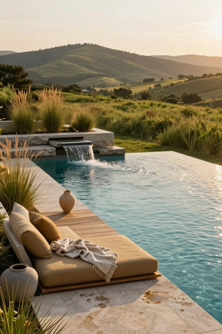 Infinity-edge turquoise swimming pool with waterfall feature, wooden deck lounger with cushions and throw, terracotta pots, tall grasses, and distant rolling green hills at sunset.