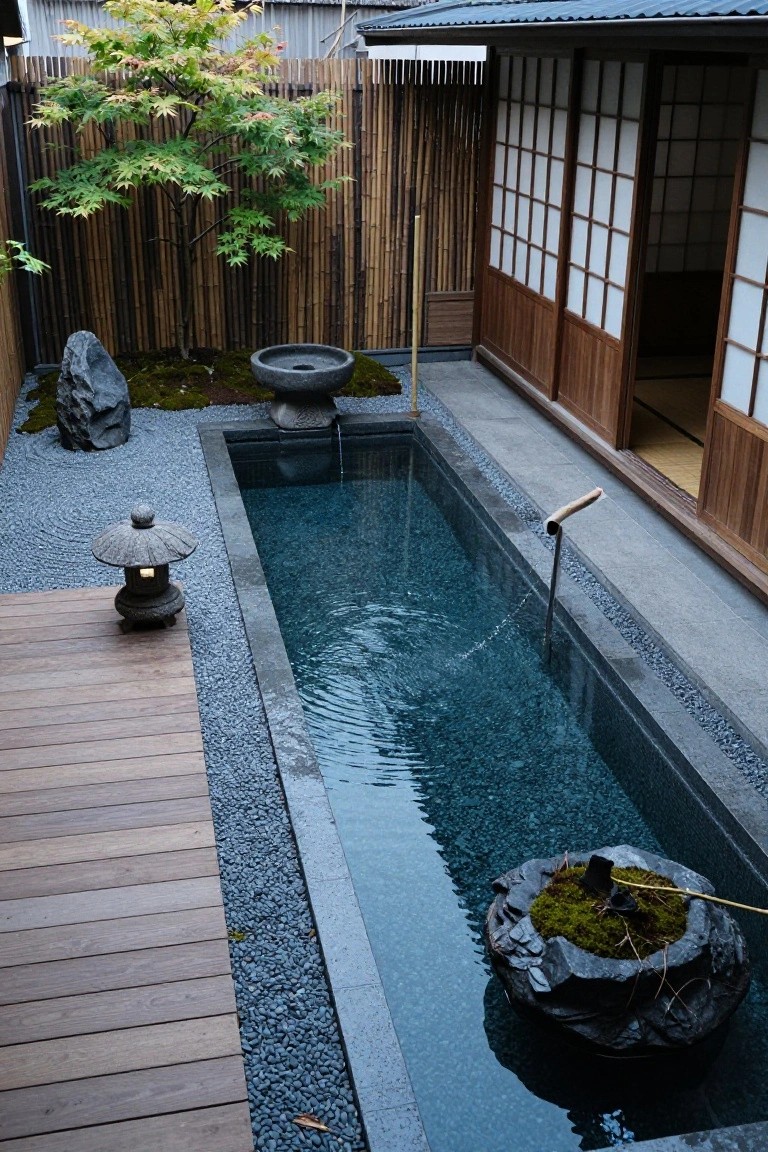 Narrow rectangular pool in a Japanese-style courtyard with gravel borders, wood decking, bamboo fencing, stone lantern, rocks, mossy planter in the water, and shoji screen architecture.