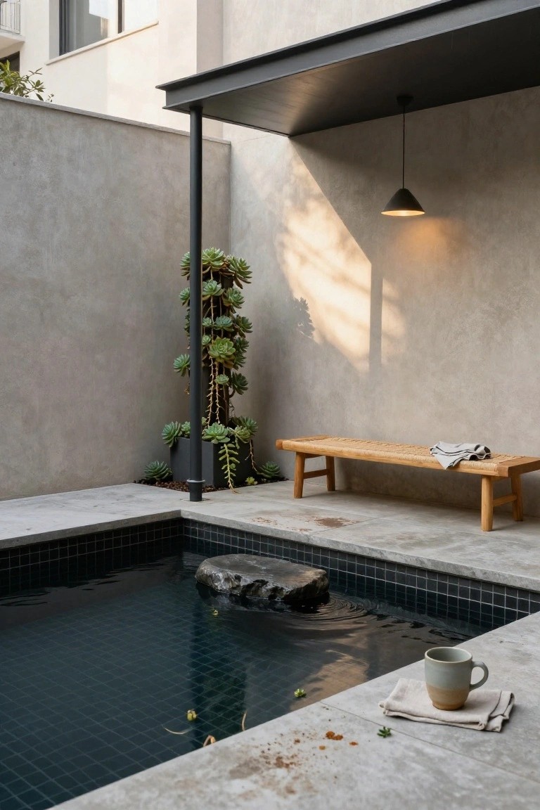 Small rectangular black-tiled plunge pool with a large gray boulder partially submerged in the water, concrete paving around it, wooden bench with towel, potted succulents on a metal post, beige walls, and a hanging light under a shelter.