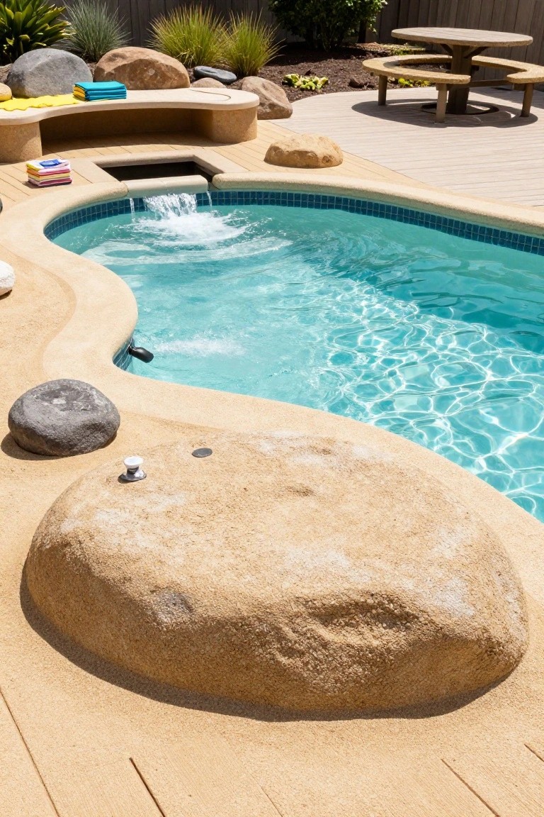 Curved turquoise pool with rock waterfall and tile edge, surrounded by large beige boulders, wood decking, and nearby picnic table in a backyard.