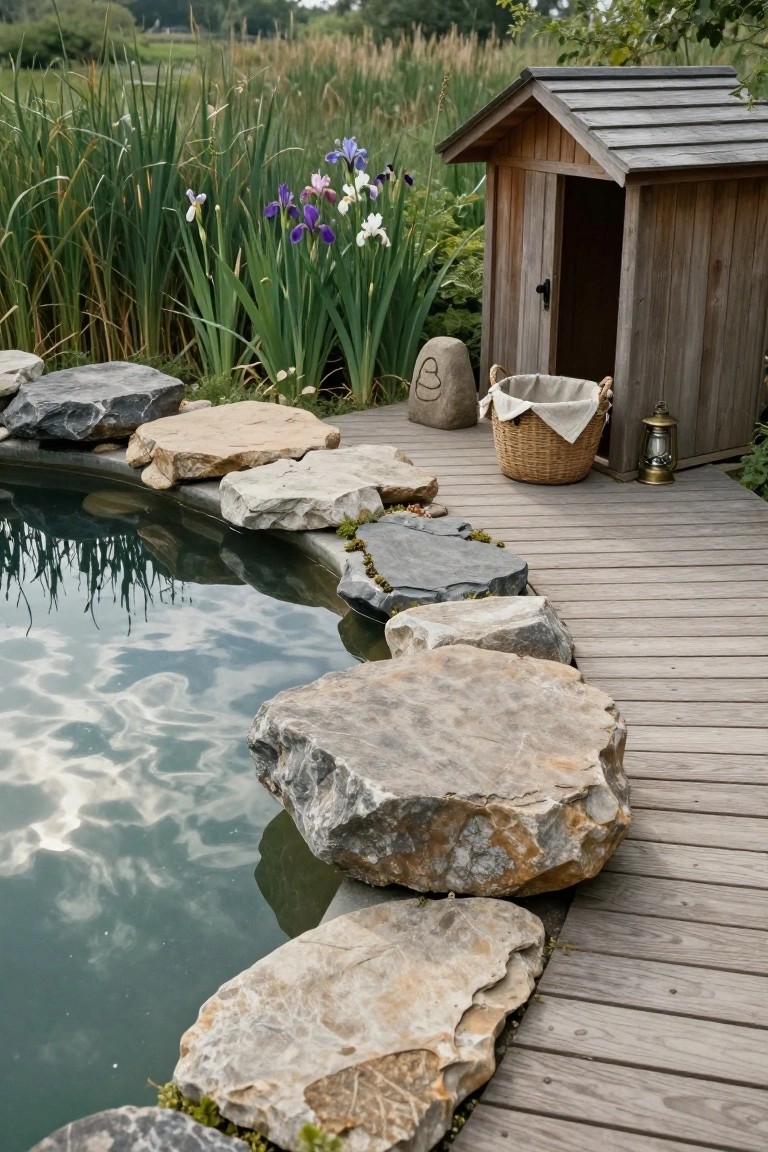 Wooden deck walkway with large irregular natural stones positioned as stepping points around the edge of a small pool, next to a wooden shed, lantern, basket, and surrounding reeds and irises.