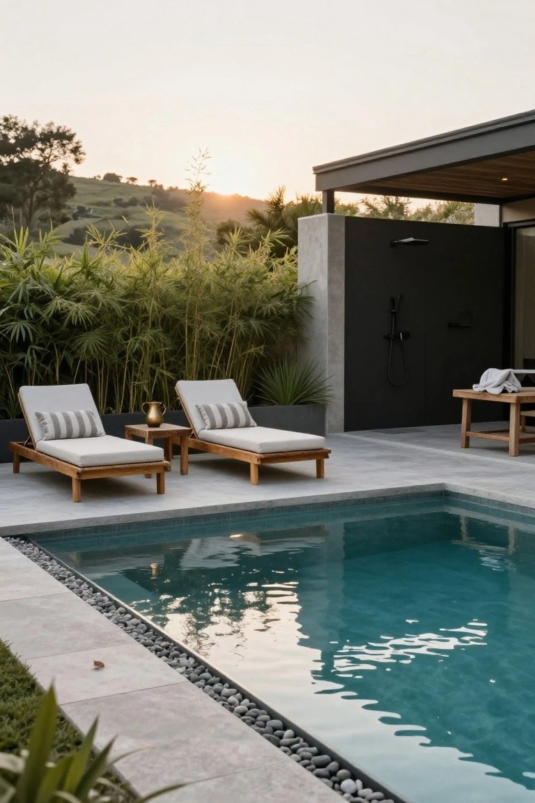 Modern infinity-edge pool with turquoise water, two beige-cushioned wooden loungers on a gray tiled deck edged in pebbles, black wall with outdoor showerhead, bamboo plants in background, and wooden bench with towel at sunset.