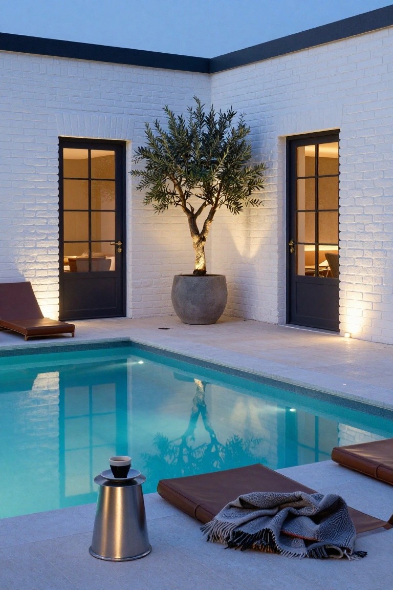 Corner of turquoise pool with white brick walls, black doors, potted olive tree in gray pot, brown lounge chairs, metallic coffee server, and gray blanket on light stone patio at dusk.
