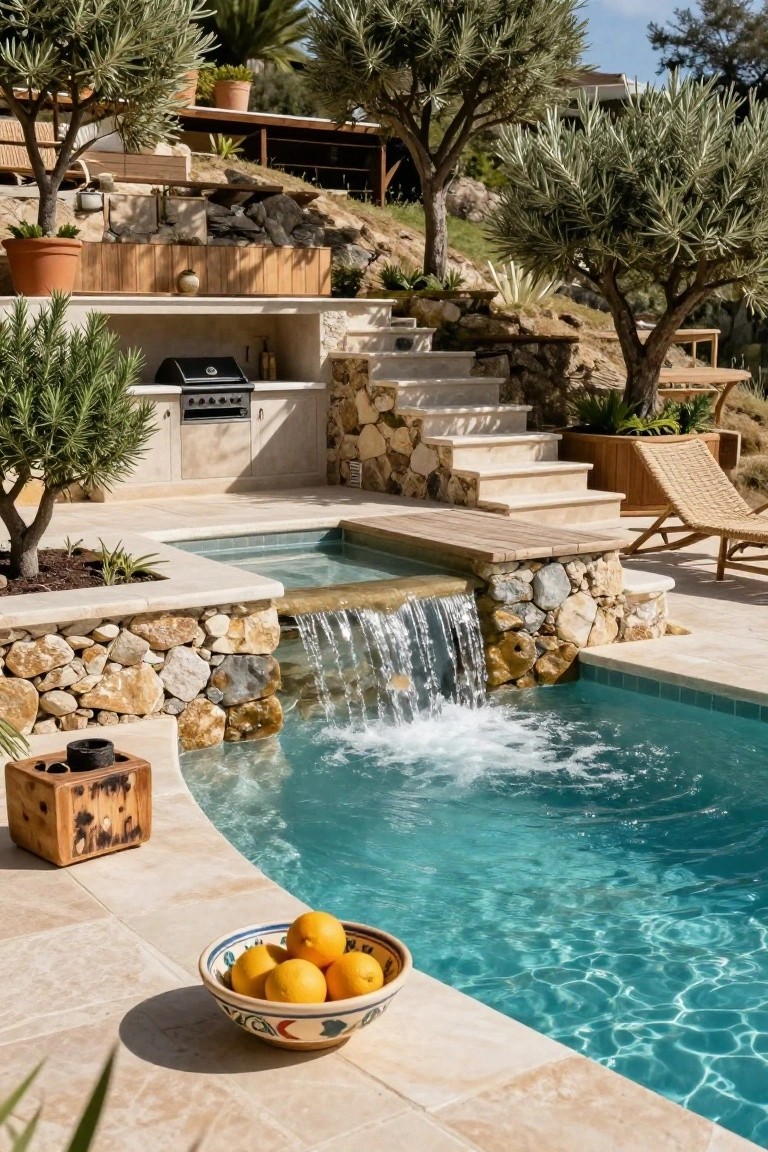 Outdoor pool with turquoise water and a raised jacuzzi spilling a waterfall over natural stone walls into the pool, surrounded by olive trees, a built-in barbecue kitchen, lounge chairs, and potted plants on beige tiled decking.