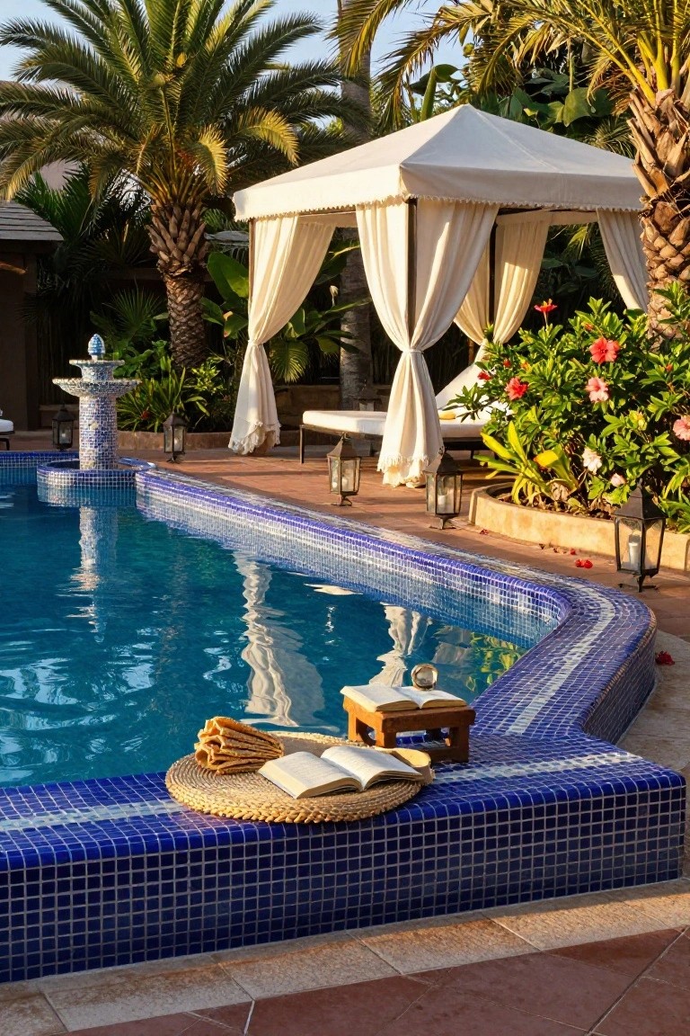 Blue mosaic tiled pool edge with a woven tray holding open books, rolled towels, and a straw hat next to a white draped canopy daybed, surrounded by palm trees, tropical plants, a fountain, and lanterns.