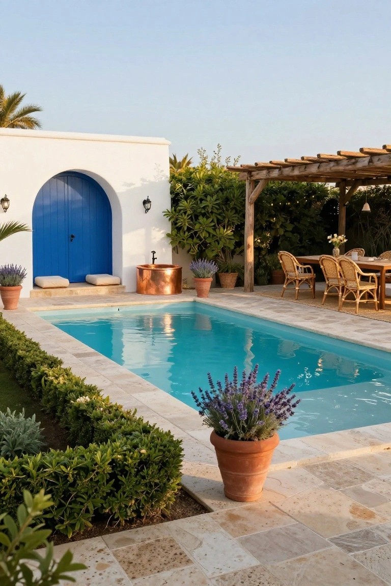 Rectangular turquoise pool edged with low hedges and potted lavender in a white stucco courtyard with a blue arched door, copper tub, and nearby wooden pergola shading a dining table with rattan chairs.