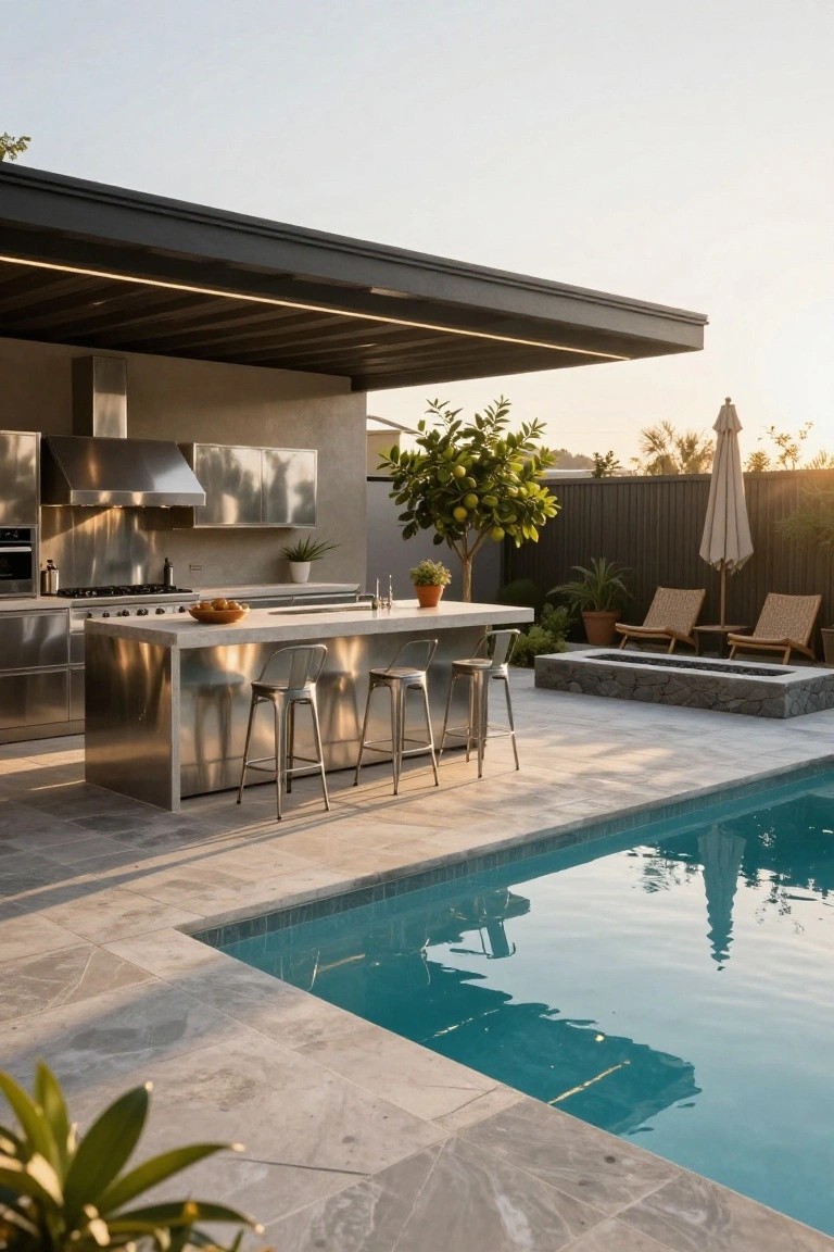Outdoor kitchen with stainless steel cabinets, range, and island bar with stools under a black cantilevered roof with LED strip lighting, adjacent to a turquoise pool edged in gray tiles, with potted plants, lounge chairs, and a fire pit nearby.