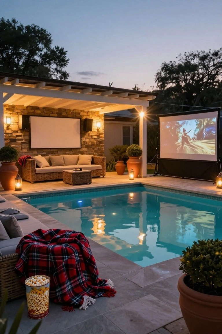 Outdoor pool at dusk with beige sofa seating, wicker table, projector screen displaying a movie scene, popcorn bucket, red plaid blanket, lanterns, potted plants, and pergola structure.