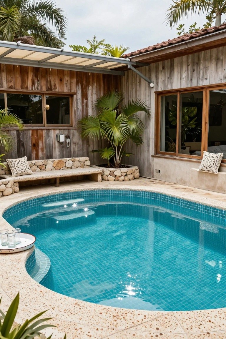 Oval pool with turquoise mosaic tiles and curved stone edge, featuring a built-in low bench of stacked stones and wood topped with patterned pillows, adjacent to wooden walls, potted palms, and a serving tray with glasses.