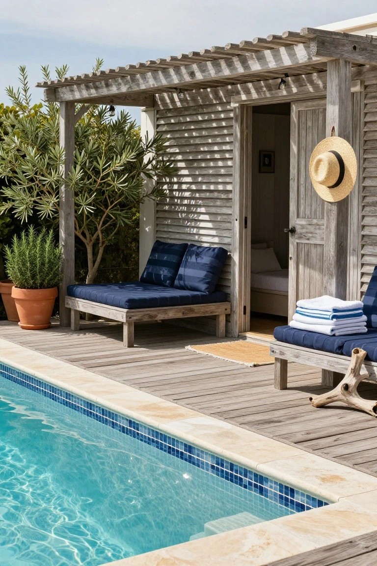 Rustic wooden cabana with open louvered door and walls next to an infinity-edge pool on a wooden deck, blue cushions on loungers, potted plants, and stacked towels.