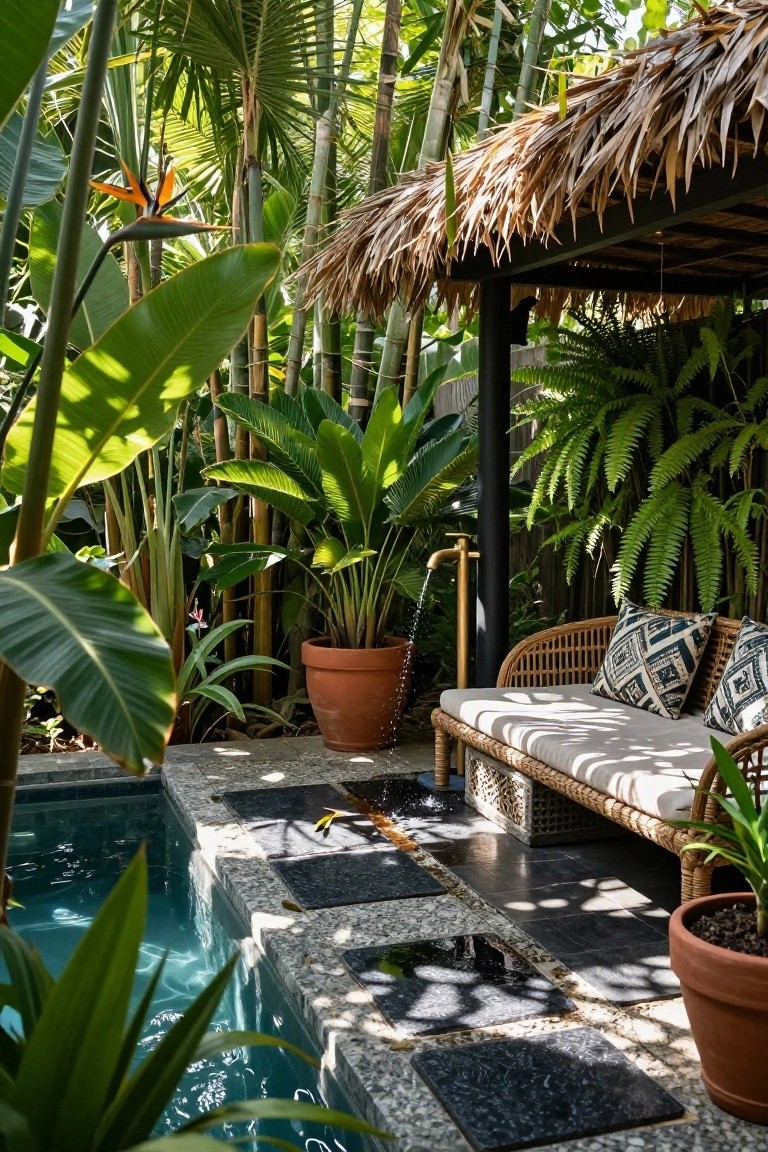 Small turquoise plunge pool beside a black and gray tiled patio with a cushioned rattan daybed under a thatched pavilion, surrounded by tall tropical plants like palms, bird of paradise, and ferns, with a brass outdoor faucet.