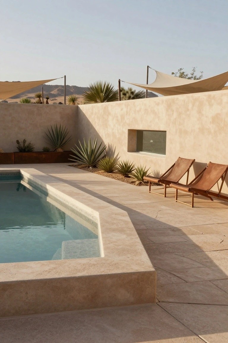 A rectangular pool with turquoise water and beige stone edging, two tan leather sling lounge chairs on a light stone deck nearby, agave plants in rusted metal planters against a beige stucco wall, tan shade sails overhead, and desert hills in the background.