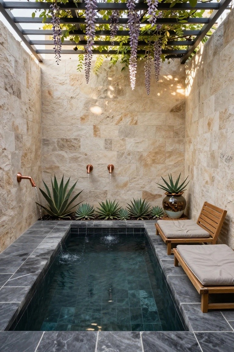 Small rectangular plunge pool with dark tiles in a beige stone-walled courtyard, flanked by agave plants and copper wall spouts, two teak loungers nearby, and purple wisteria hanging from a black metal pergola overhead.