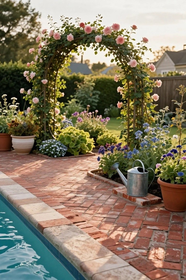 23 Smart Pool Landscaping With Pavers That Upgrade Your Walkways Brick paver walkway along a turquoise pool edge bordered by flower beds with pink climbing roses on a wooden arch, various perennials in bloom, potted plants, and a metal watering can on a lawn.