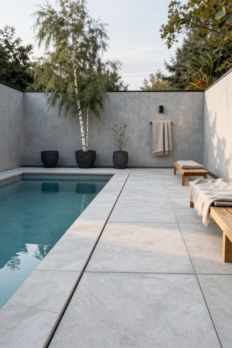23 Smart Pool Landscaping With Pavers That Upgrade Your Walkways Small turquoise pool edged with light gray pavers, flanked by black planters with birch trees and olive branches, wooden benches with throws, a towel rack on a concrete wall, and surrounding greenery.