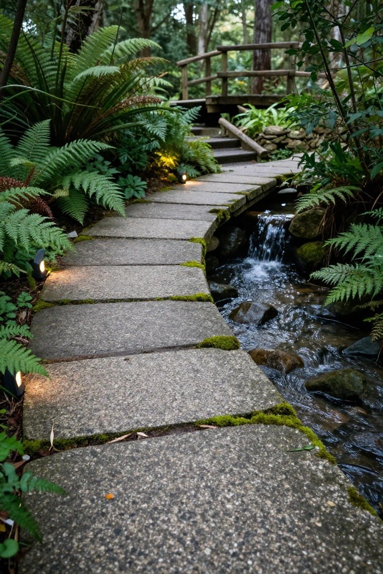 23 Smart Pool Landscaping With Pavers That Upgrade Your Walkways Curved stone paver pathway alongside a small flowing stream lined with ferns and moss, with ground-level lights and a wooden bridge in the background.