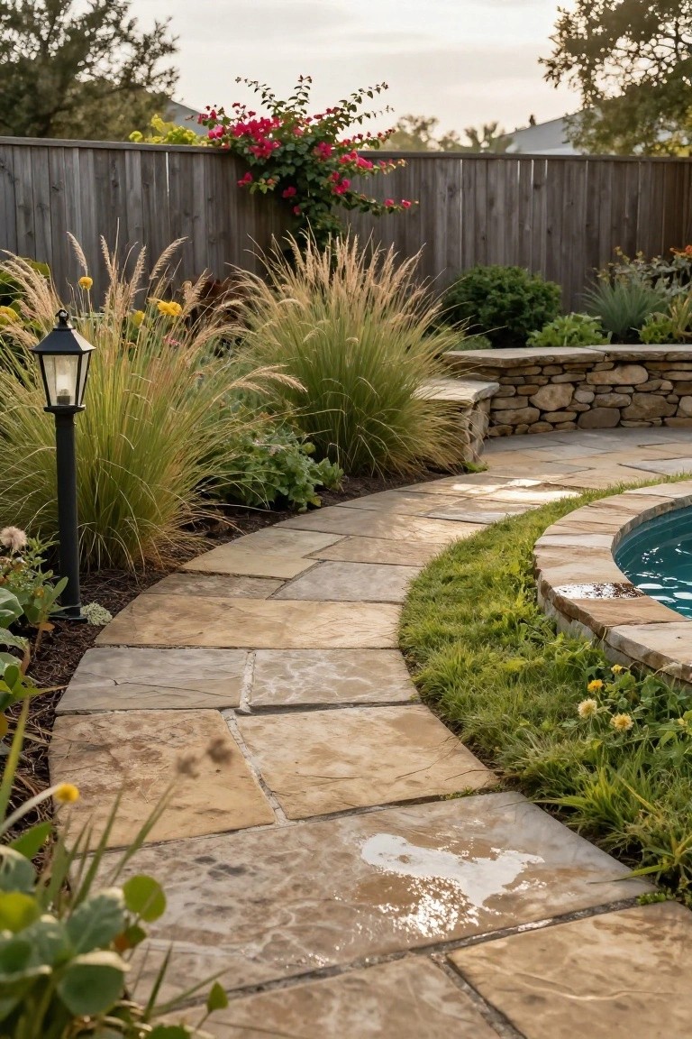 23 Smart Pool Landscaping With Pavers That Upgrade Your Walkways Curved pathway of irregular beige stone pavers winding around the edge of a turquoise backyard pool, bordered by ornamental grasses, low plants, flowers, and a black metal lantern post.