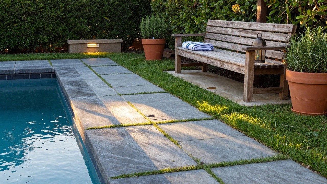 Poolside walkway of large irregularly shaped light gray pavers with narrow grass joints, edged in black tile along a turquoise pool, with potted rosemary plants, a wooden pergola, and bench nearby.