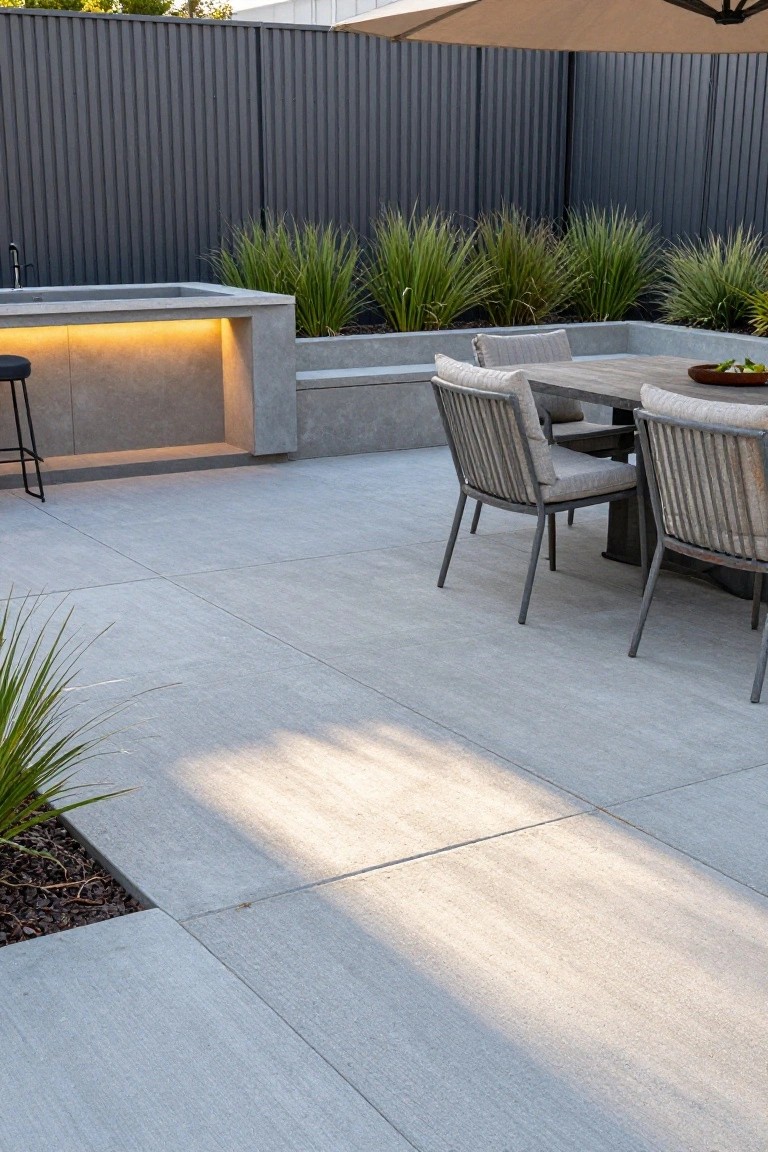 23 Smart Pool Landscaping With Pavers That Upgrade Your Walkways Outdoor patio with light grey large-format concrete pavers, concrete kitchen bar with underlighting and black stool, wooden dining table with beige rattan chairs, plants in concrete beds, beige umbrella, and dark metal fence.