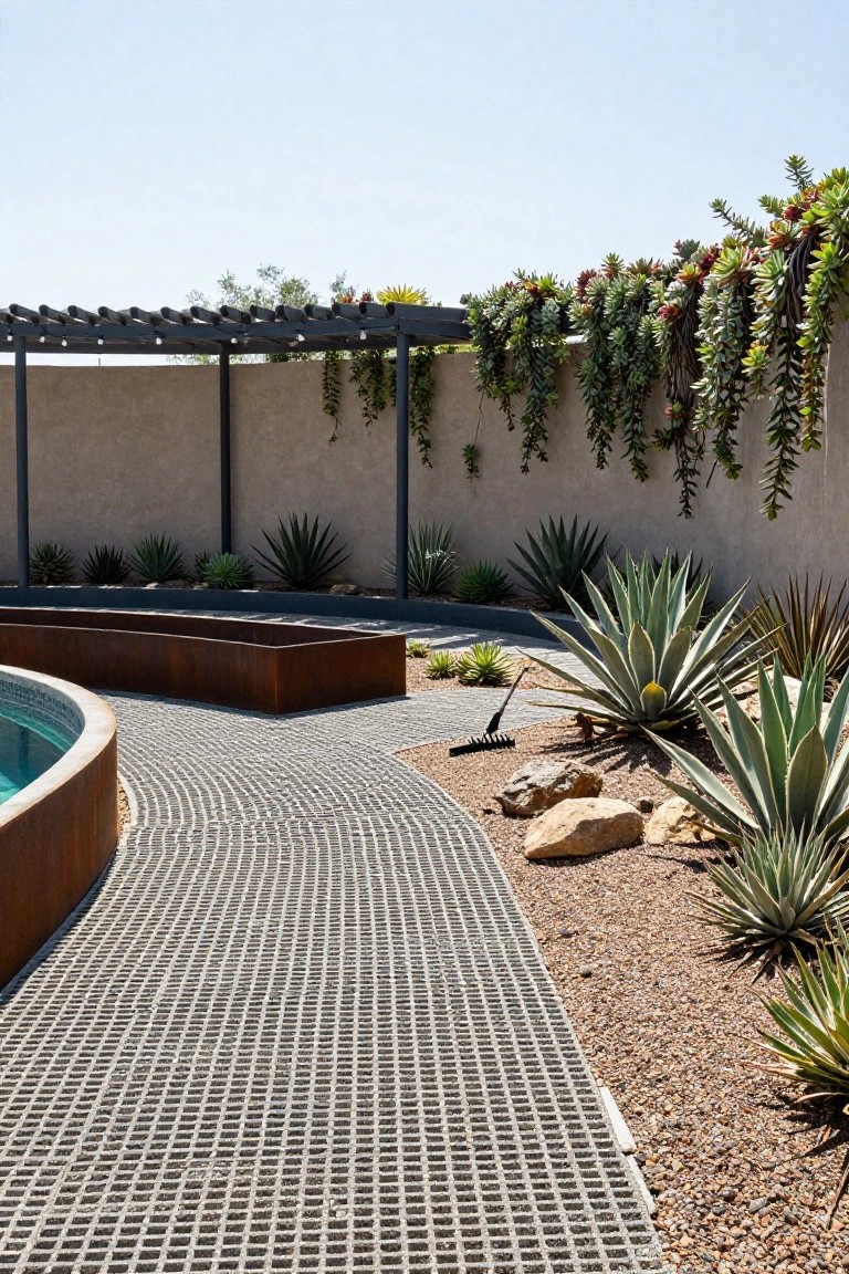 23 Smart Pool Landscaping With Pavers That Upgrade Your Walkways Curved turquoise pool edged in white tile and corten steel planter box, with open-grid gray paver walkway bordered by gravel mulch, rocks, and agave plants near a metal pergola draped in red-tinged succulents against a beige stucco wall.