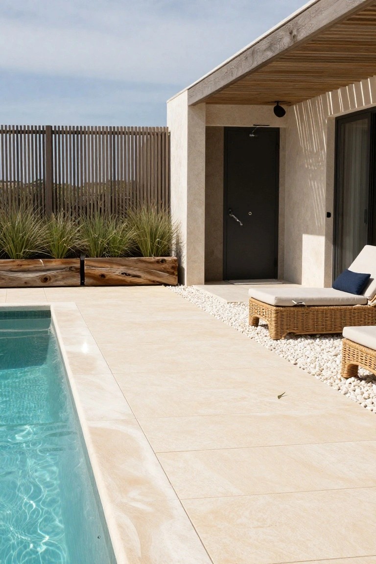 23 Smart Pool Landscaping With Pavers That Upgrade Your Walkways Pool surrounded by light beige pavers on a terrace, with two woven loungers on a pebble area nearby, wooden planters filled with tall grasses, and a beige house wall with black door in the background.