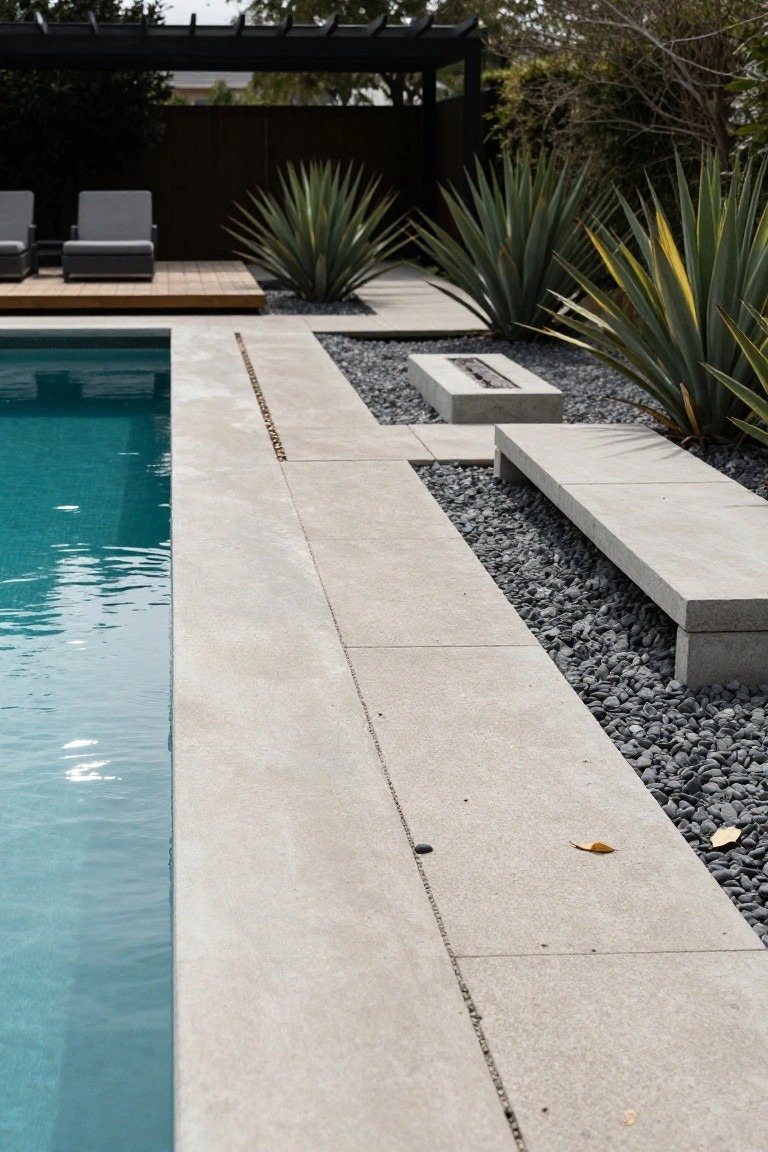 23 Smart Pool Landscaping With Pavers That Upgrade Your Walkways Closeup of turquoise pool edge with light gray concrete pavers, dark gravel strips, agave plants, linear fire pit enclosure, and concrete bench.