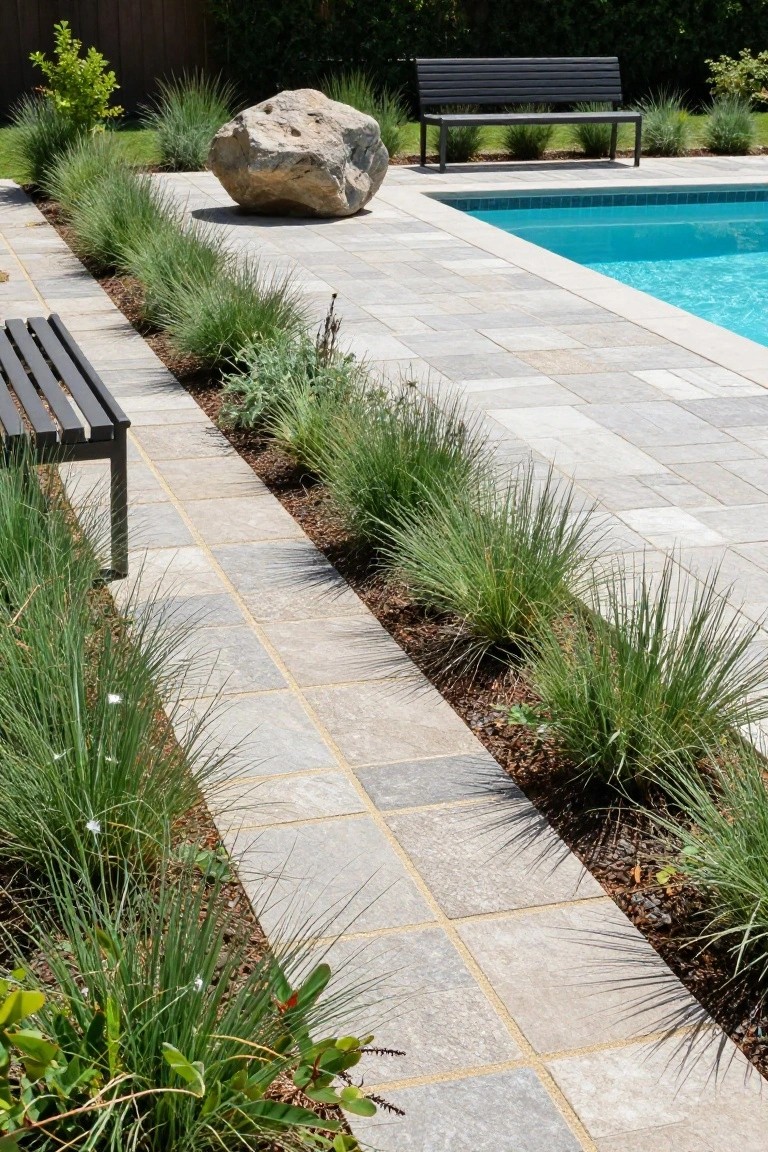 23 Smart Pool Landscaping With Pavers That Upgrade Your Walkways Light gray paver walkway edged by tall wispy grasses next to a turquoise pool edge, with black metal benches, a large boulder, and low shrubs in the background.