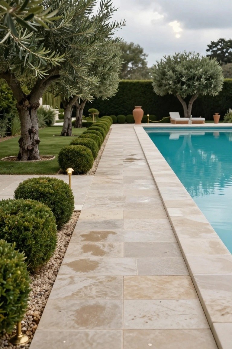 23 Smart Pool Landscaping With Pavers That Upgrade Your Walkways A turquoise rectangular pool edged with light beige stone pavers forming a walkway, bordered by white gravel and spherical green boxwood shrubs, with olive trees, potted plants, and lounge chairs in a landscaped yard under a cloudy sky.