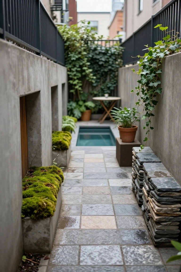 23 Smart Pool Landscaping With Pavers That Upgrade Your Walkways Narrow outdoor space between concrete walls with moss-covered planters, climbing ivy, a small turquoise plunge pool, slate paver walkway, stacked stone slabs, potted plants, and a bistro table with chairs.