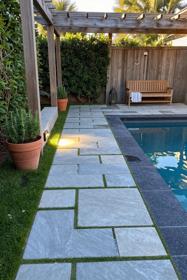 23 Smart Pool Landscaping With Pavers That Upgrade Your Walkways Poolside walkway of large irregularly shaped light gray pavers with narrow grass joints, edged in black tile along a turquoise pool, with potted rosemary plants, a wooden pergola, and bench nearby.