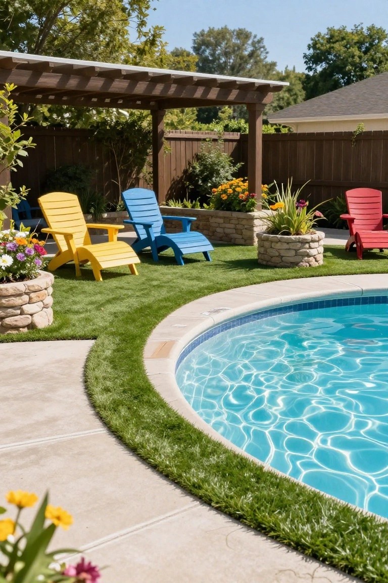 23 Smart Pool Landscaping With Pavers That Upgrade Your Walkways Curved blue swimming pool with beige paver decking edged by green artificial turf strip, colorful Adirondack chairs under wooden pergola, stone planters with flowers, and surrounding landscaping.