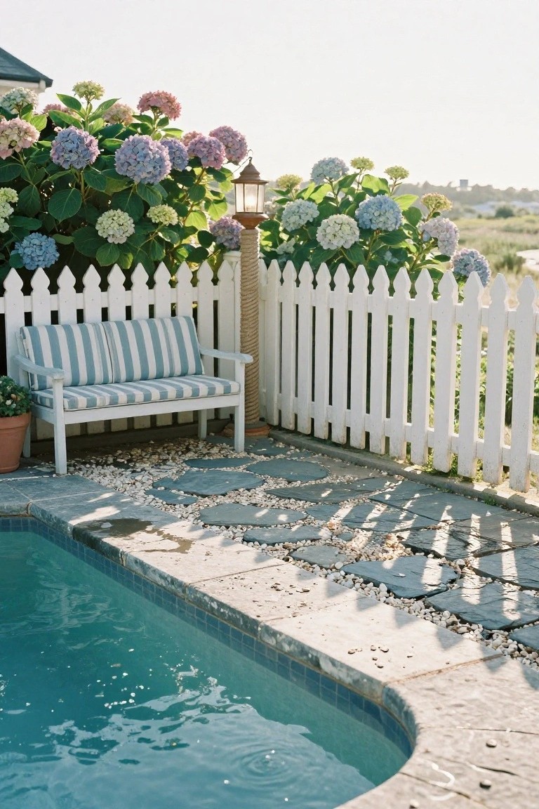 23 Smart Pool Landscaping With Pavers That Upgrade Your Walkways White picket fence with blue cushioned bench, surrounded by blooming hydrangea bushes and a lantern post, next to a pebble path with irregular stone steppers leading to a turquoise tiled pool edged in stone.