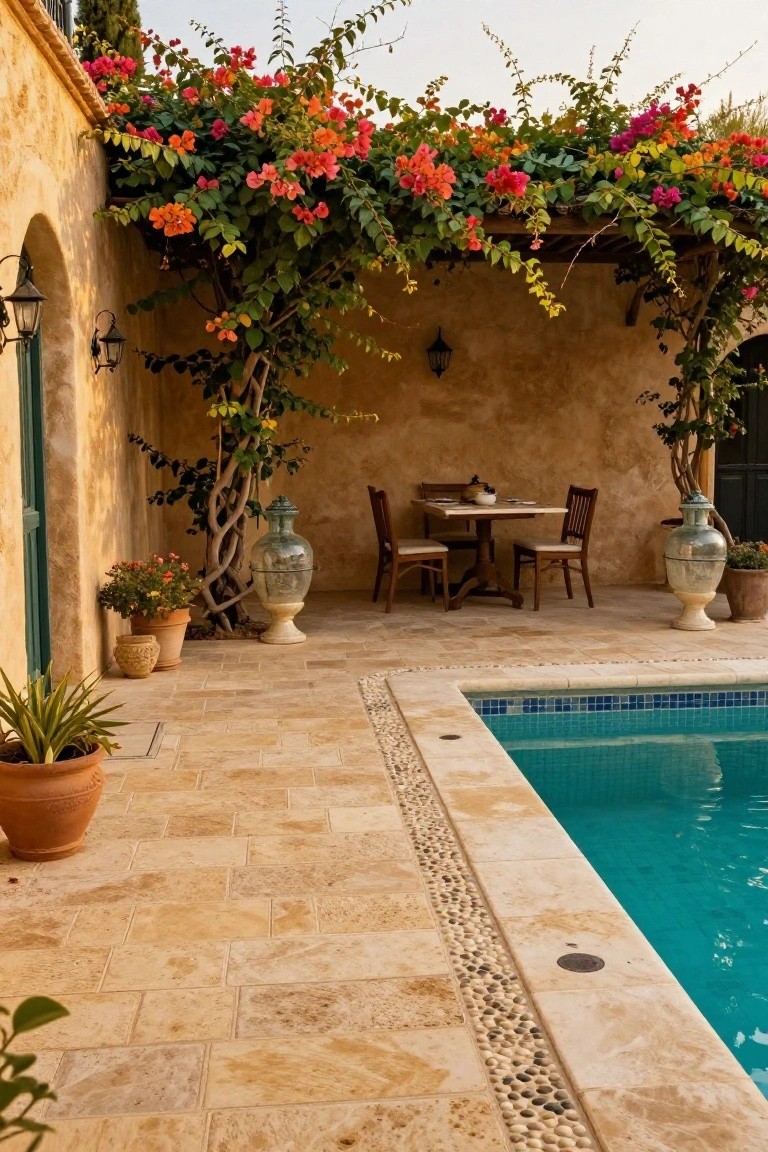 23 Smart Pool Landscaping With Pavers That Upgrade Your Walkways Beige stone paver terrace with pebble border along a blue mosaic pool edge, wooden dining table and chairs under an arched bougainvillea vine-covered structure against textured stucco walls with potted plants and large vases.