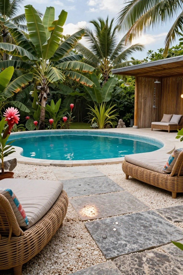 23 Smart Pool Landscaping With Pavers That Upgrade Your Walkways Oval turquoise pool surrounded by tropical plants like palms, bananas, and red ginger flowers, with gray stone pavers set in white pebble walkways, rattan loungers, and a nearby bamboo outdoor shower structure.