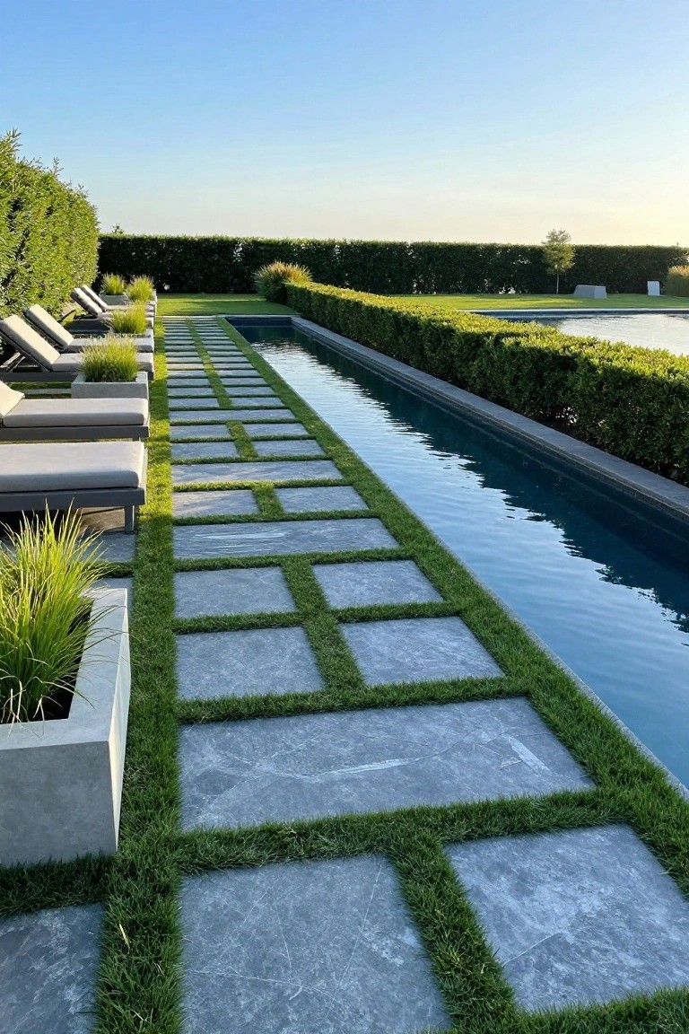 23 Smart Pool Landscaping With Pavers That Upgrade Your Walkways Long narrow pool with clear blue water, bordered by tall green hedges, and a pathway of large rectangular gray pavers separated by thin grass strips, with lounge chairs positioned along the path.