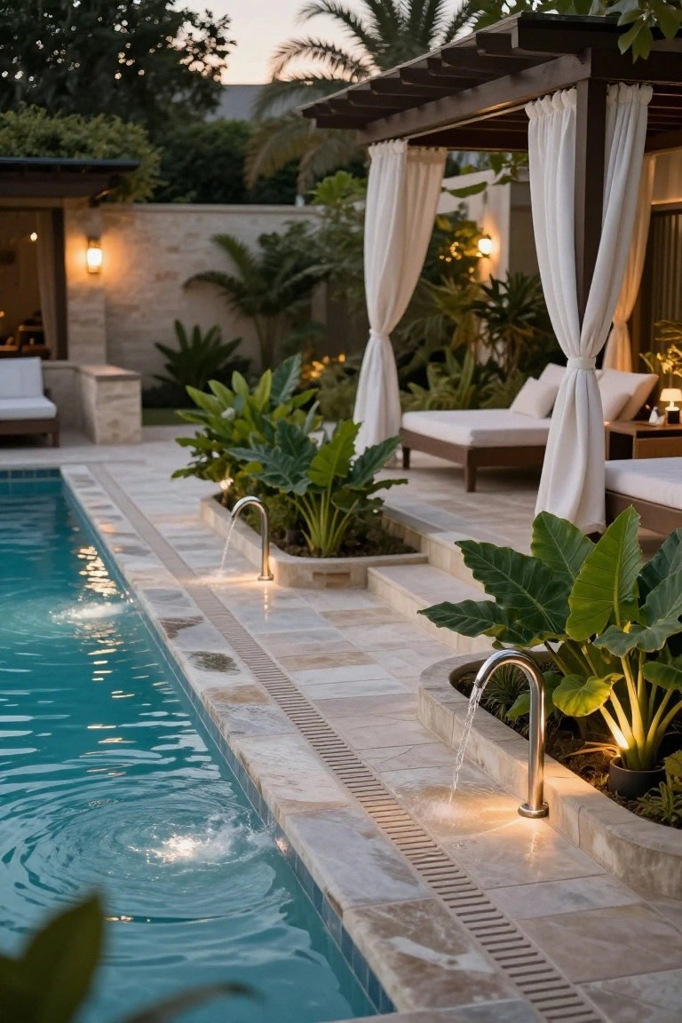 23 Smart Pool Landscaping With Pavers That Upgrade Your Walkways Backyard infinity-style pool edged in light beige stone pavers with two metallic spouts pouring water into the turquoise water, flanked by large green-leafed plants in raised beds and lounge chairs under a draped pergola.