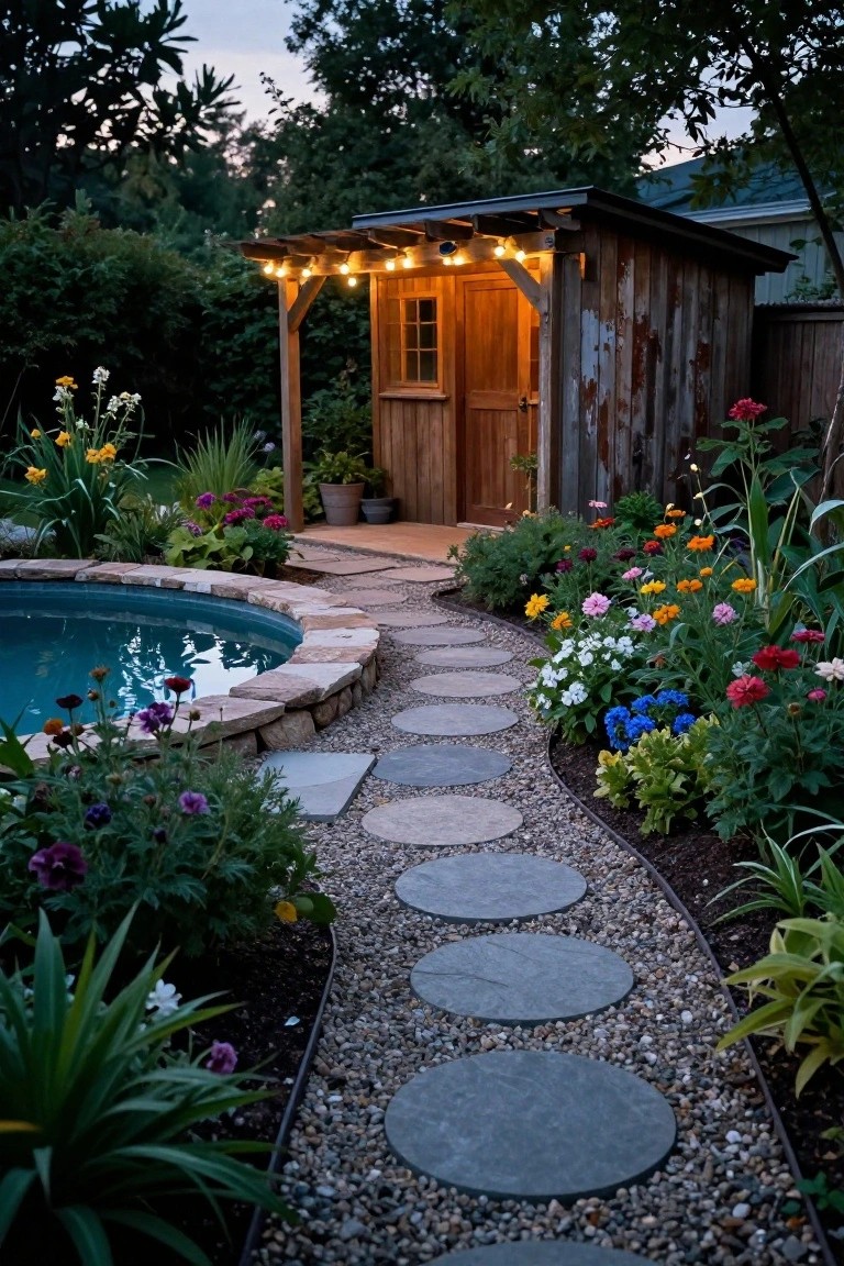 23 Smart Pool Landscaping With Pavers That Upgrade Your Walkways A curved gravel pathway lined with large circular stone pavers winds through dense flower beds from a wooden shed to a round pool edged in stone, with trees and plants in the background at dusk.