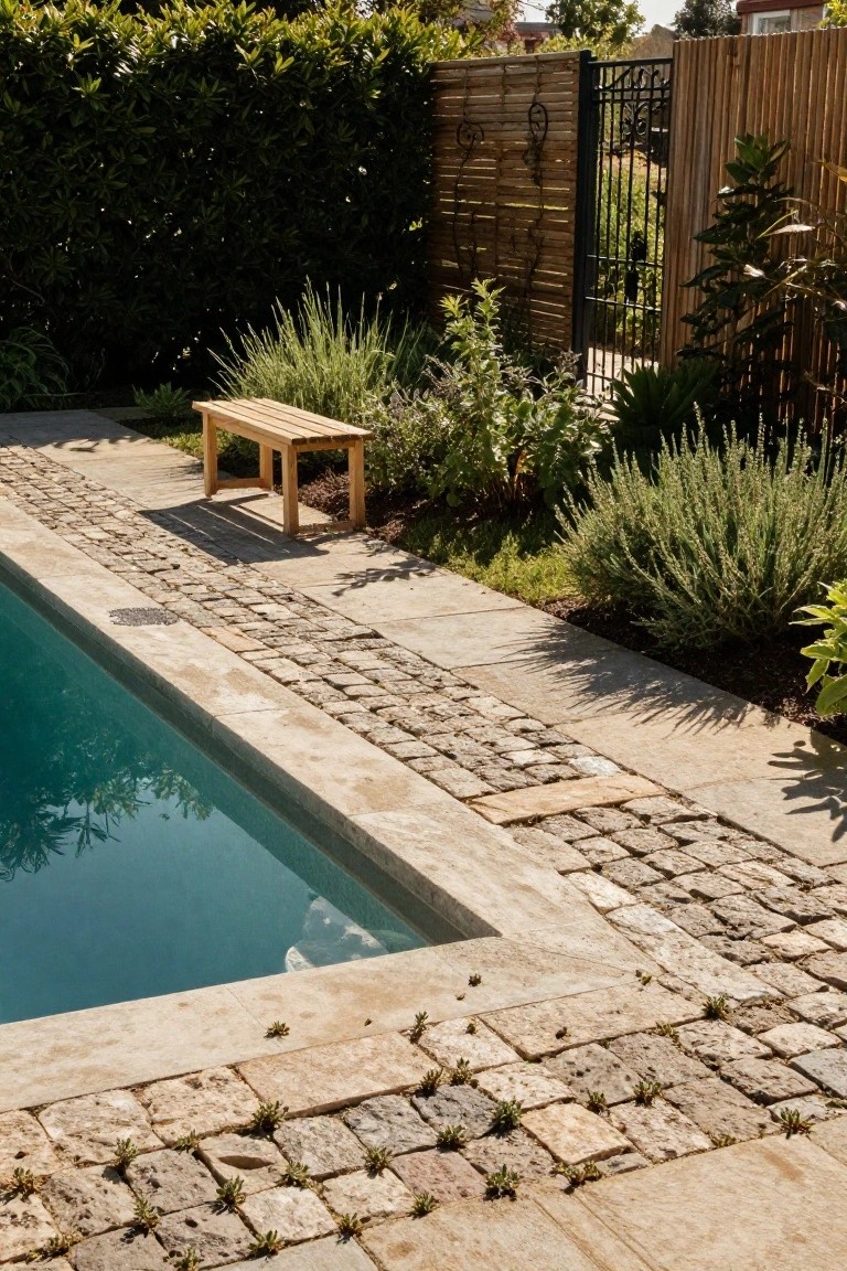 23 Smart Pool Landscaping With Pavers That Upgrade Your Walkways Pool edge with irregular beige stone pavers forming a walkway, small plants growing in the joints, a wooden bench nearby, surrounded by green shrubs, lavender, and a black metal gate with bamboo fencing.