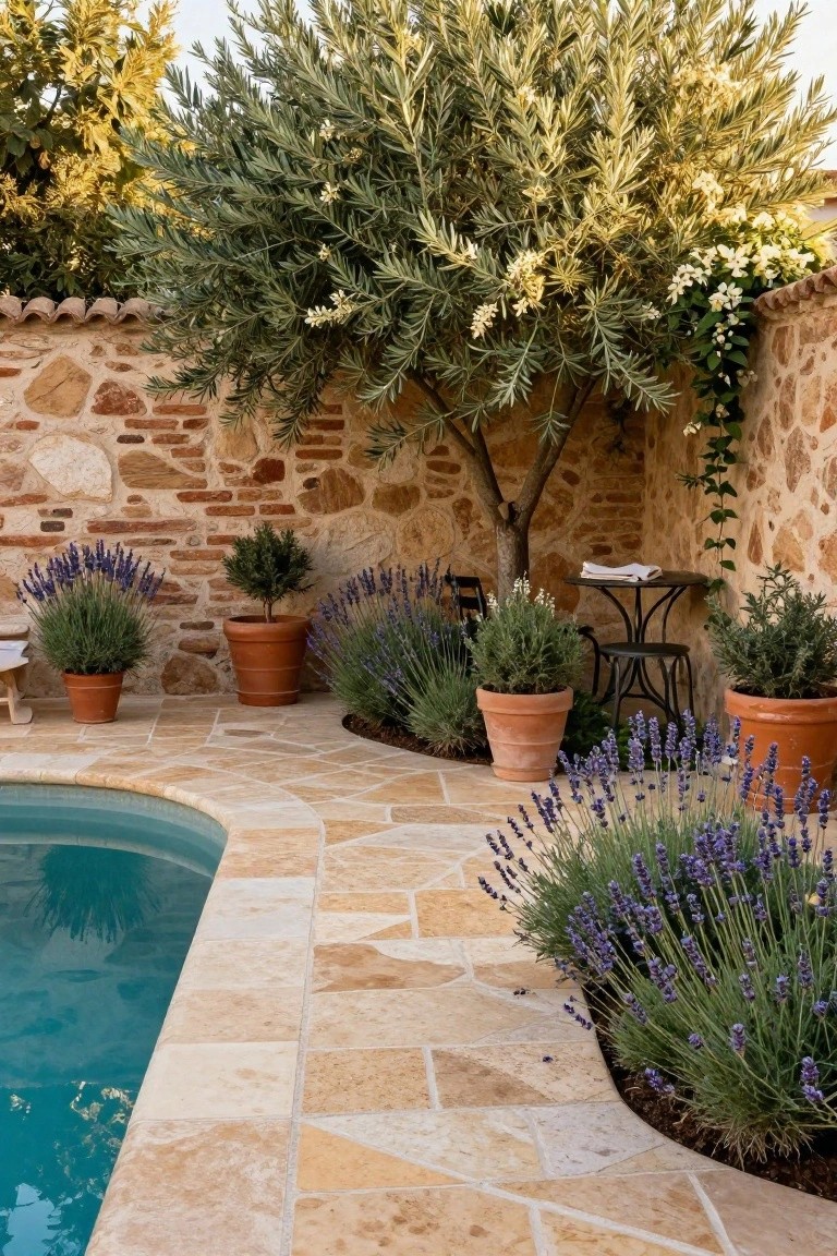 23 Smart Pool Landscaping With Pavers That Upgrade Your Walkways Poolside walkway of beige stone pavers curving around turquoise pool water, bordered by terracotta pots filled with purple lavender plants, olive tree against textured stone wall, small metal bistro table with cloth nearby.