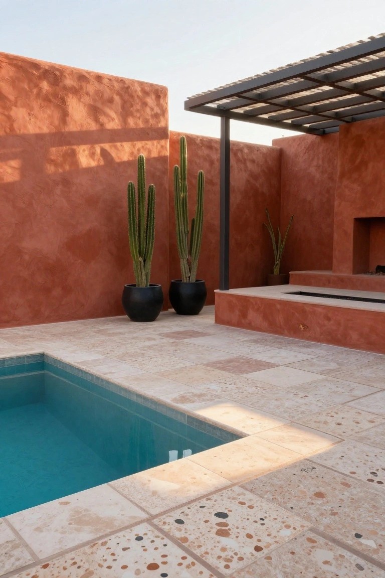 23 Smart Pool Landscaping With Pavers That Upgrade Your Walkways Close-up view of a turquoise plunge pool edged with light pebble-flecked travertine pavers, adjacent red stucco walls with tall cacti in black pots, metal pergola overhead, and a built-in fire pit bench.