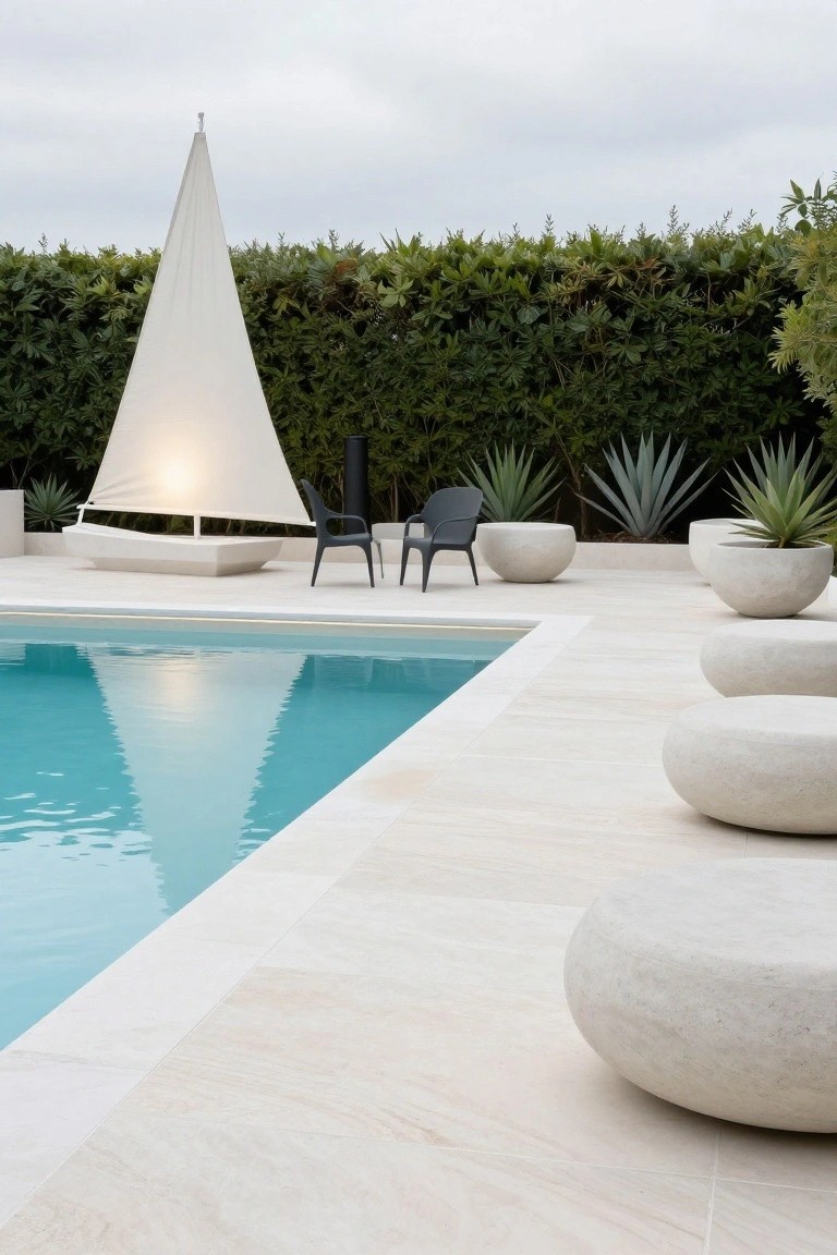 Modern pool deck with turquoise water edged in light stone pavers, featuring large rounded white stone boulders as seats, two black chairs, a white sailboat sculpture with lit sail, potted agave plants, and a tall green hedge backdrop.