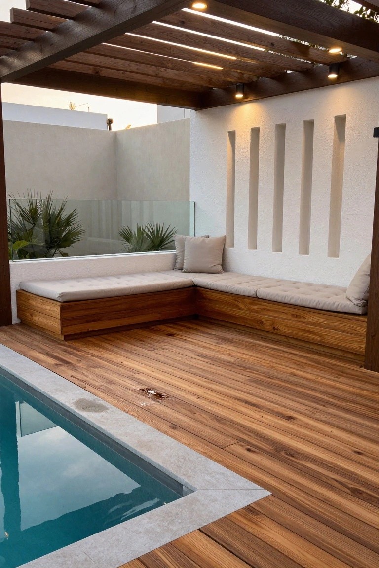 Wooden deck around a turquoise pool edge with an L-shaped built-in wooden bench topped by beige cushions, overhead pergola with lights, white stucco walls featuring vertical slits, and potted palms nearby.