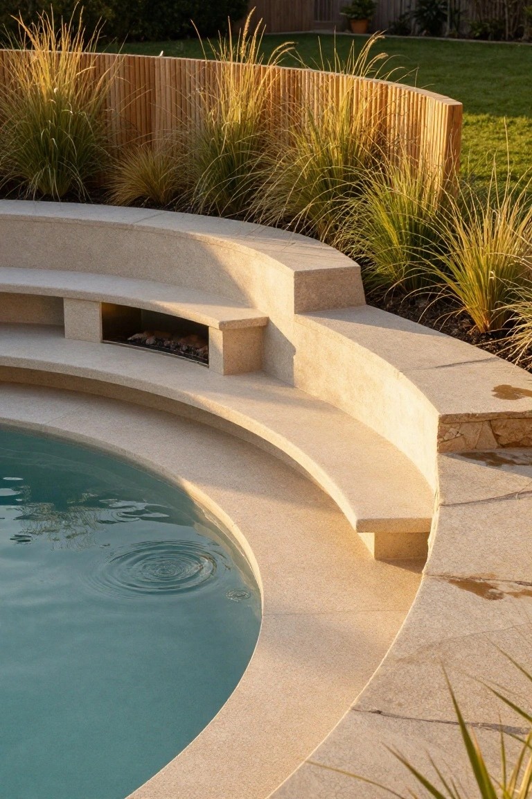 Curved turquoise pool with tiered beige stone seating steps built around its edge, including a built-in linear fire pit, surrounded by tall ornamental grasses and a curved bamboo fence in a backyard.