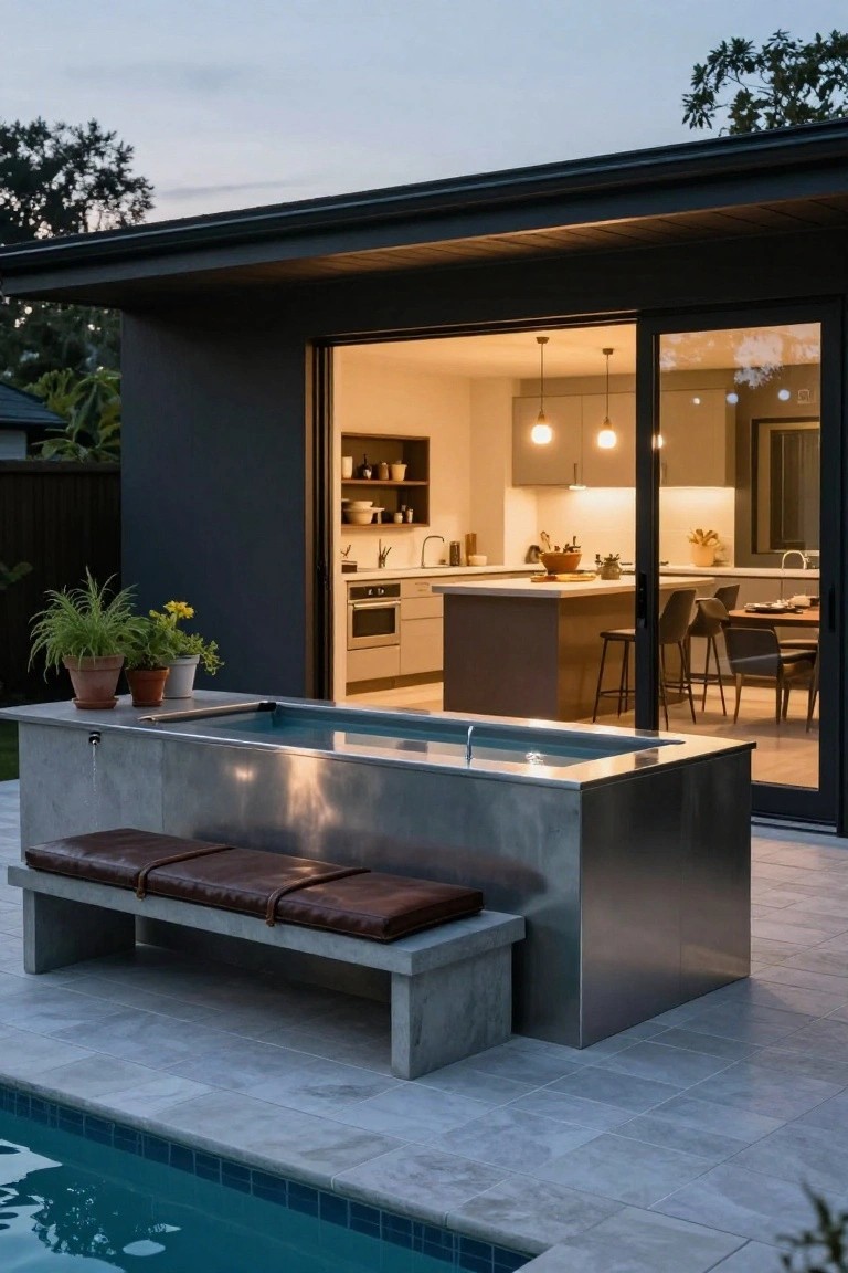 Outdoor pool deck with a rectangular stainless steel plunge pool containing water, a built-in concrete bench with brown leather cushions along one side, potted plants nearby, open sliding glass doors to a modern kitchen, and a larger swimming pool adjacent.