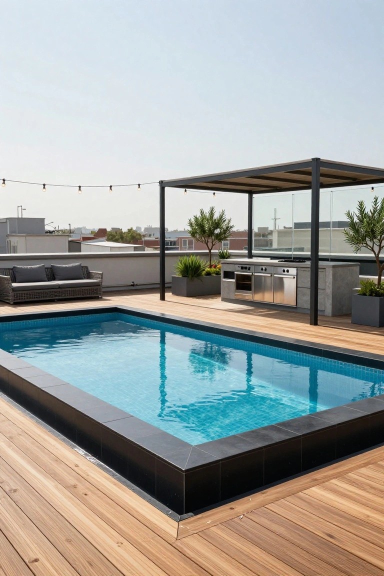 Rooftop deck with rectangular blue-tiled pool edged in black, surrounded by light wood decking, an outdoor kitchen under a metal pergola with string lights, gray lounge sofa, potted plants, and urban buildings in the background.